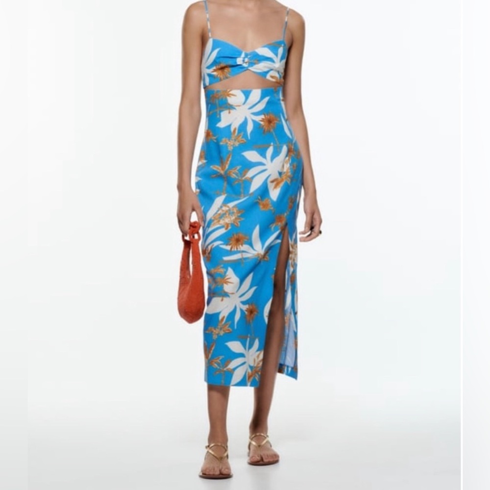 Zara Blue Linen Cut Out Tropical Midi Dress S
